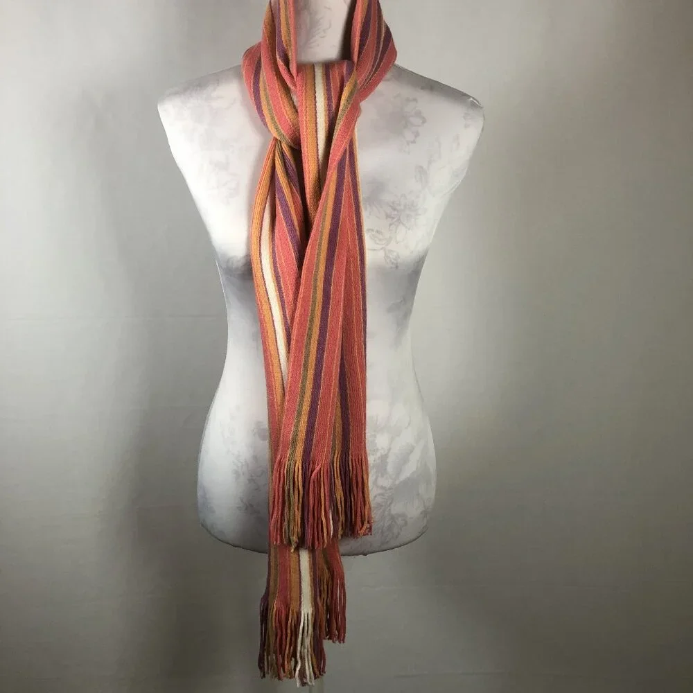 🌈 Vintage-Inspired Striped Fringe Scarf – Warm Autumn Tones – Oversized Wrap